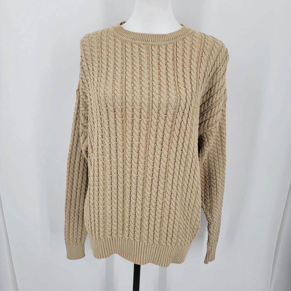 Talbots Sweater Women's L Beige Cable Knit Crew Neck Cotton Pullover Vintage